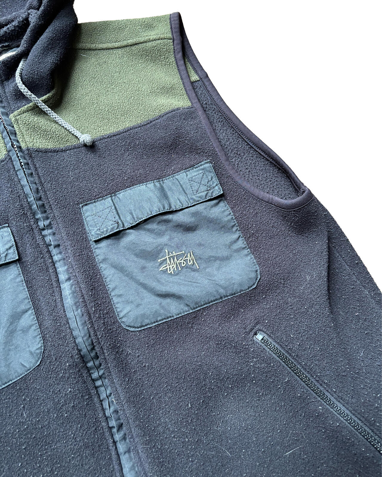 Stussy Green Black Hooded Fleece Gilet Medium