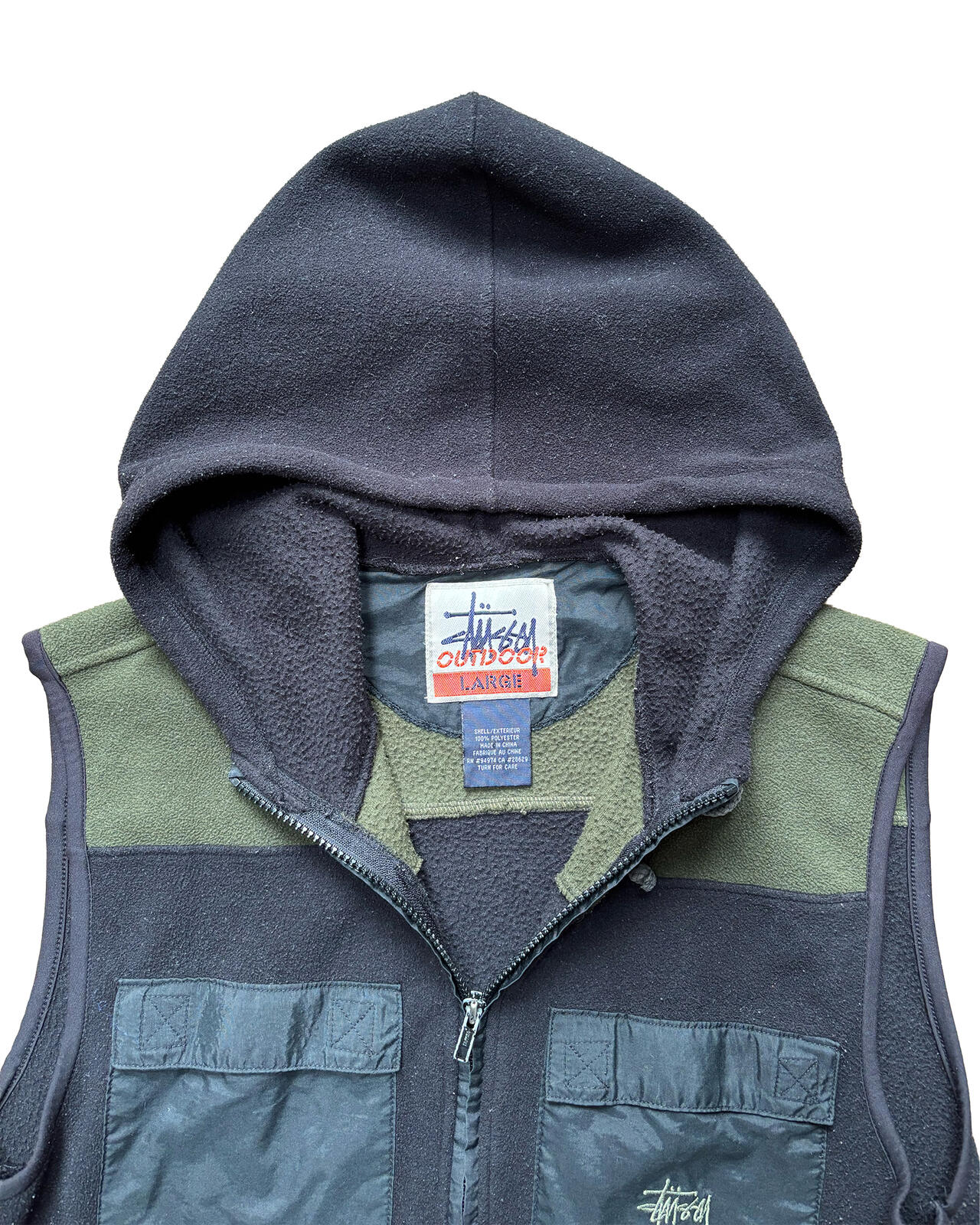Stussy Green Black Hooded Fleece Gilet Medium