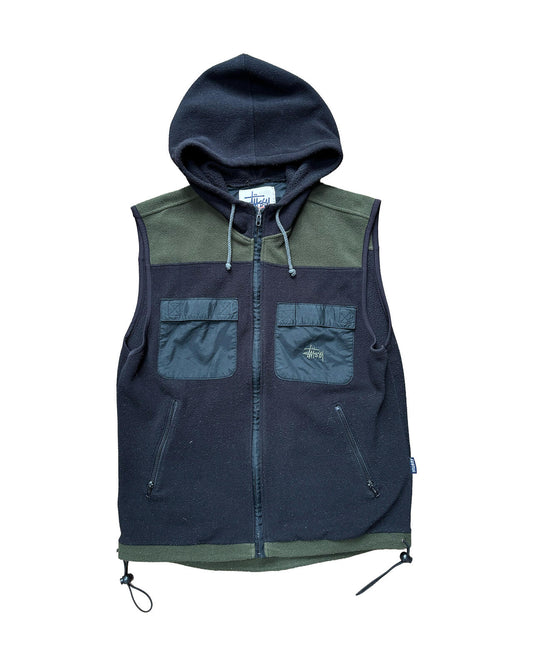 Stussy Green Black Hooded Fleece Gilet Medium